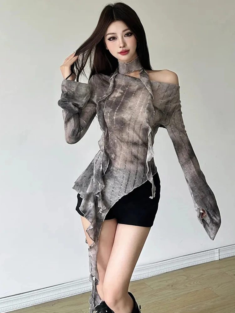 Zoki Tie Dye Y2K T Shirts Women Sexy Off Shoulder Slim Gothic Tops Streetwear Vintage Long Sleeve Lace Up Lady Slash Neck Tees