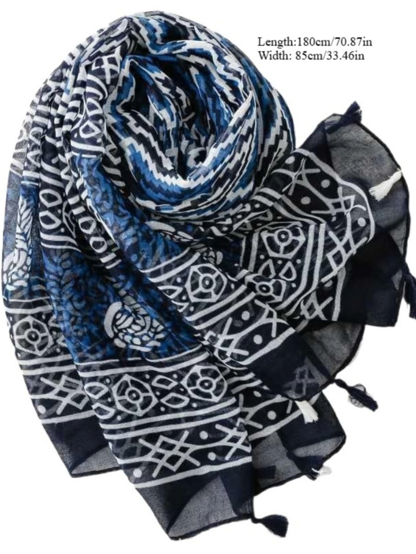 1Pc Baotou Scarf Women's Silk Scarf Bohemian Blue and White Blue and White Porcelain Geometric Bali Yarn Fringed Shawl view 4