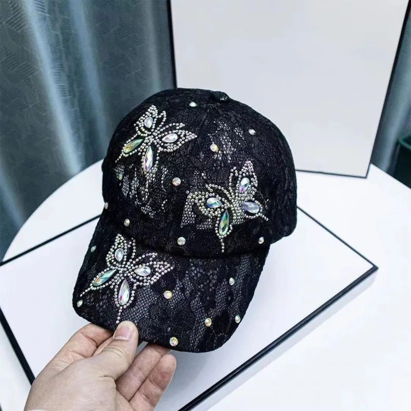 Lace Small Flowers Baseball Cap Butterfly Rhinestone Duck Tongue Cap High-grade Breathable Net Cap Sunshade Breathable Sun Hat