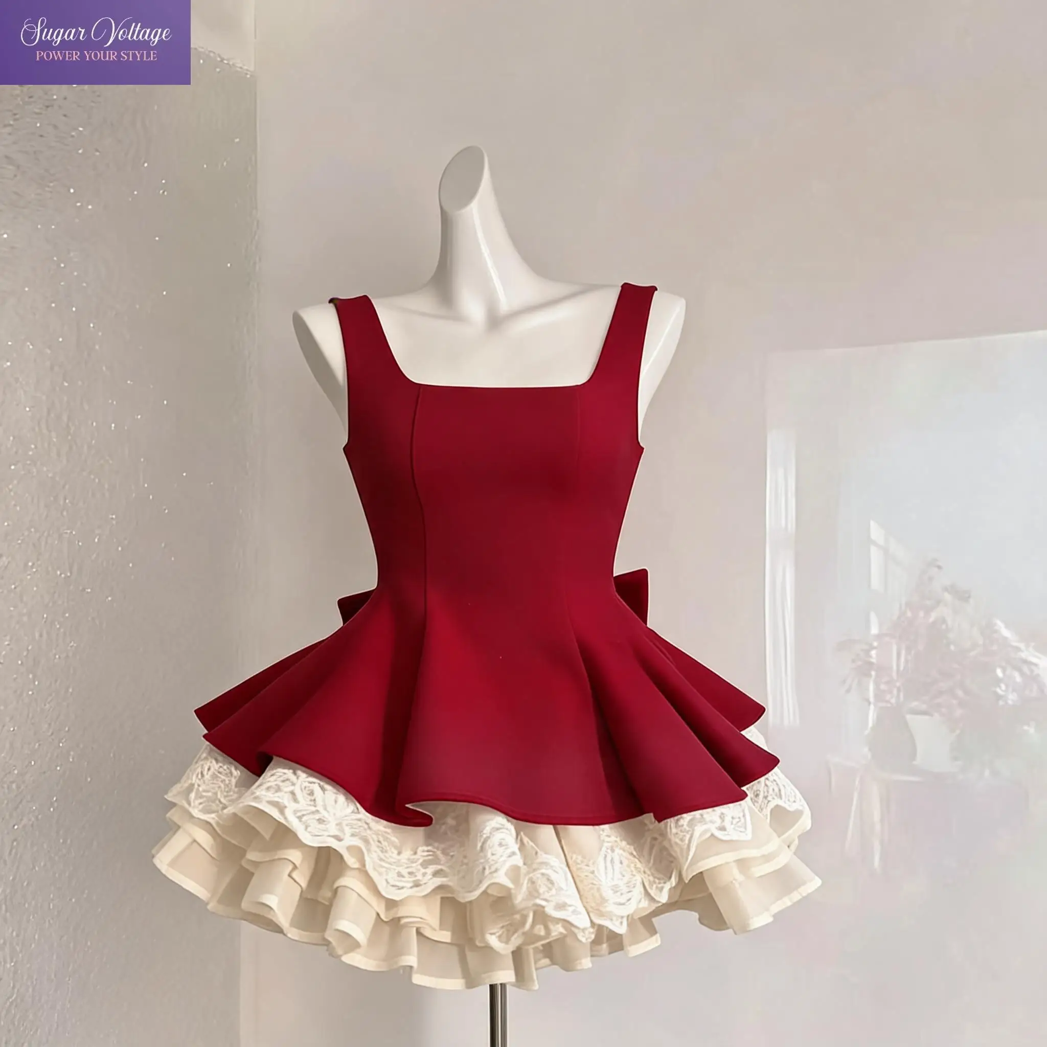 

French Coquette Princess Lace Bow Mini Dress Women Slim Fit Ruched Wide Shoulder Strap Square Neck Party Clubwear Elegant Outfit