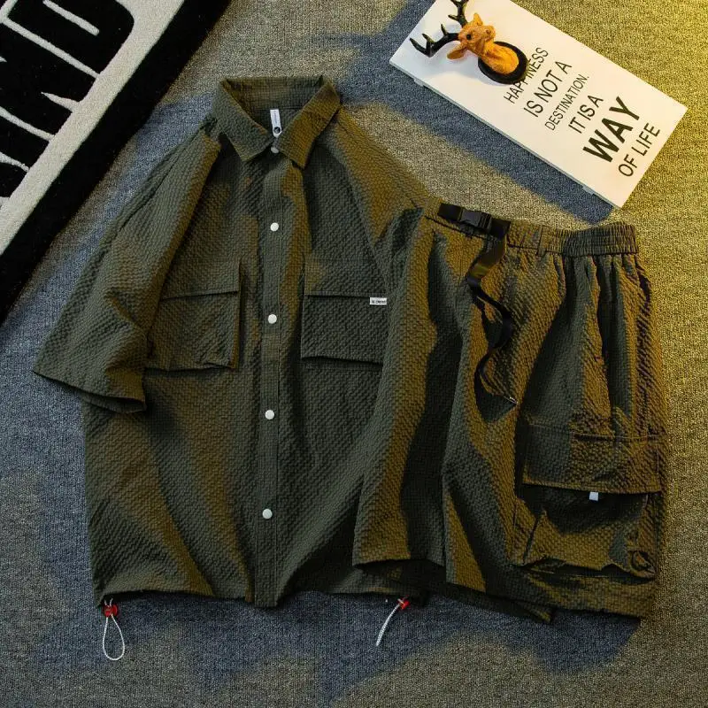 Texture Ice Silk Workwear Suits Men Short sleeve Shirt And Shorts Two-piece Set Summer Cool Quick Drying Loose Outfits Oversize