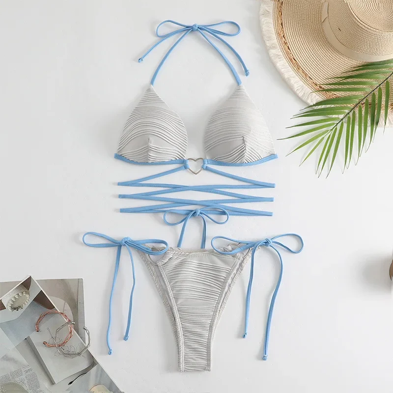 

2025 Triangle Halter Bikini Sexy Brazilian Swimsuit Women String Swimwear Female Thong Bathing Swimming Swim Suit Beachwear Grey