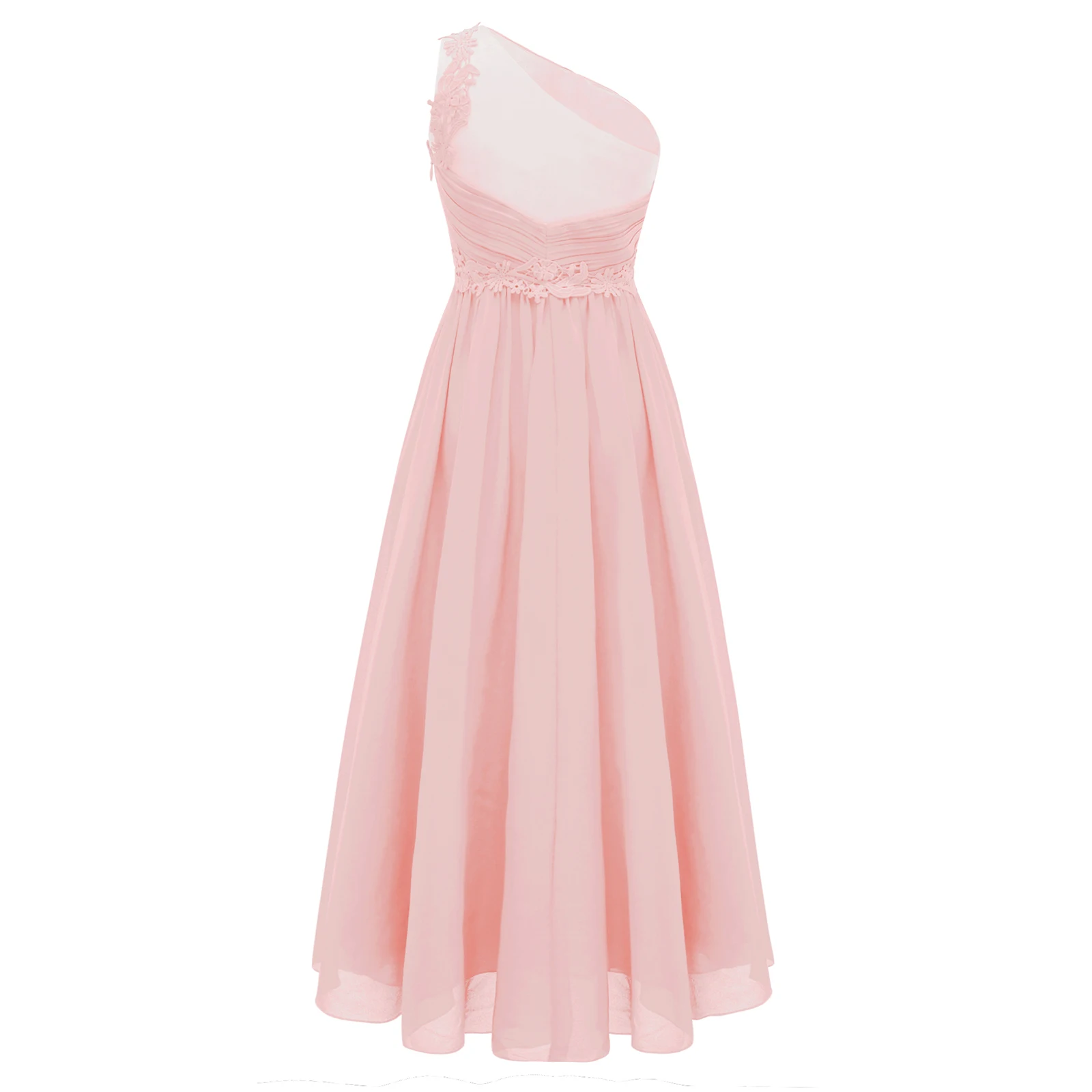 Girls Chiffon One Shoulder Dresses Kids Ruched Pleated Wedding Bridesmaid Formal Flower Dress Elegant Festive Summer Party Dress
