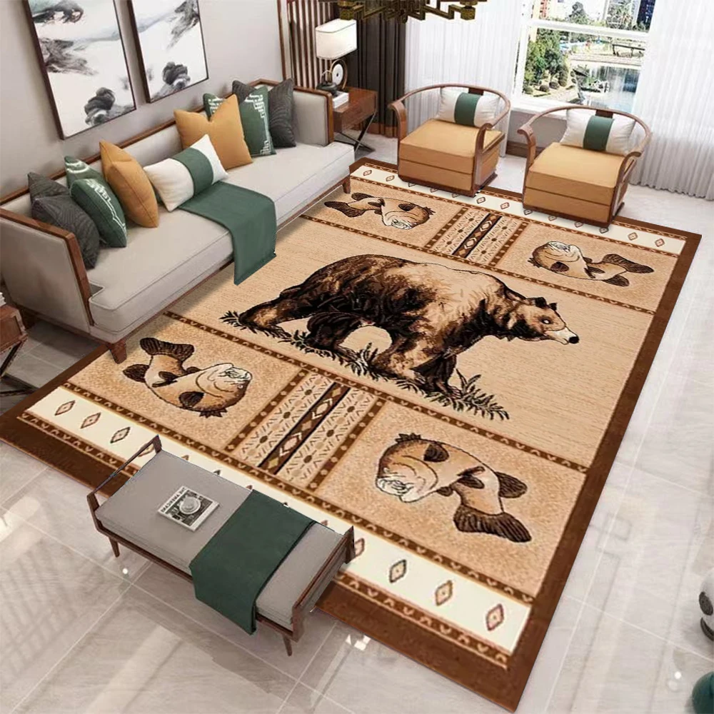 Rural Style Brown Bear Carpet, Bohemian Style Retro Checkered Totem Carpet, Living Room Bedroom Decoration Floor Mat
