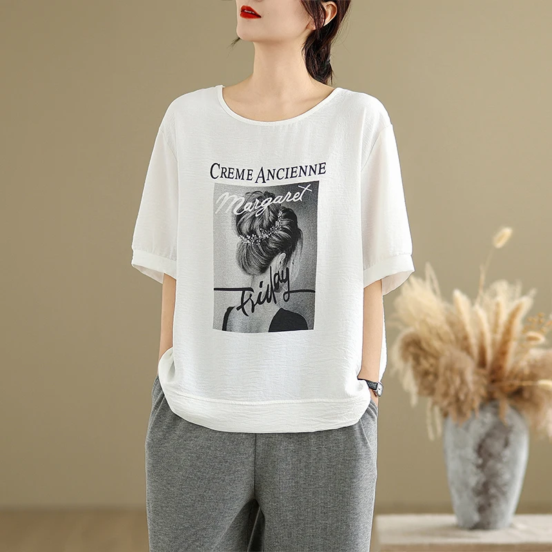 여름 캐주얼 루즈 라운드 넥 티셔츠 플러스 사이즈 컬러 코튼 프린트 여성용 편안한 통기성 캐주얼 티셔츠