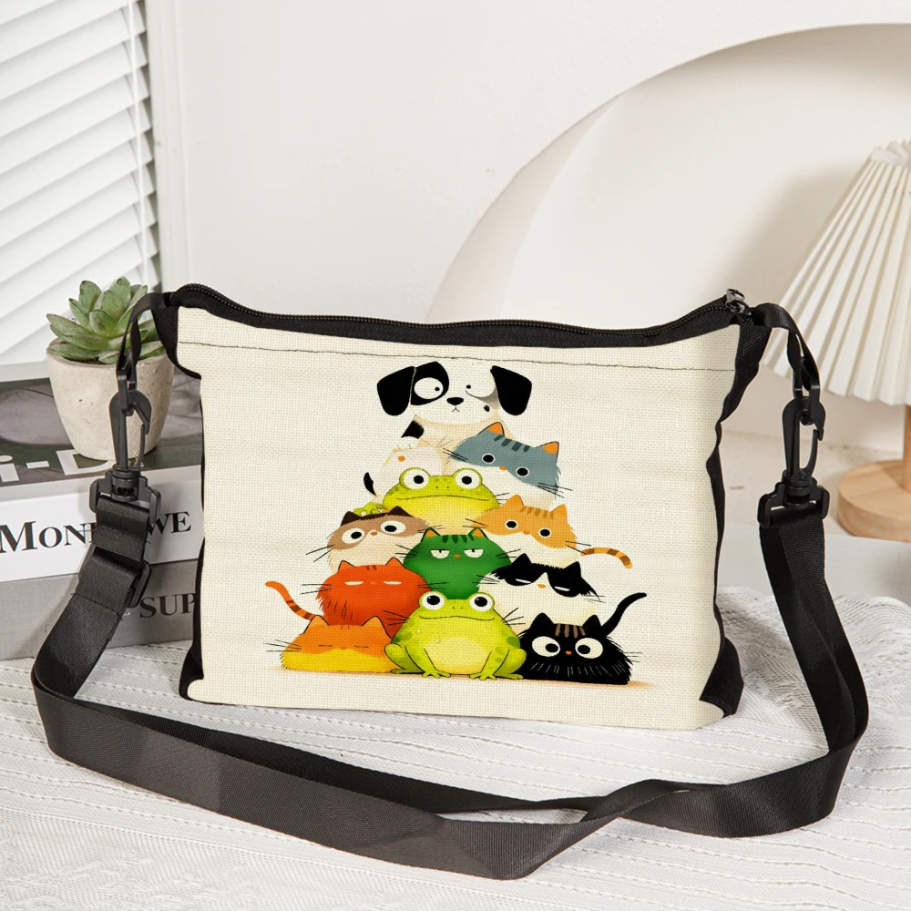 1pc Cat And Dog Stack Pattern Crossbody Bag Beige Cute Animal Print Shoulder Bags For Women Girls Daily Use School Work Travel S
