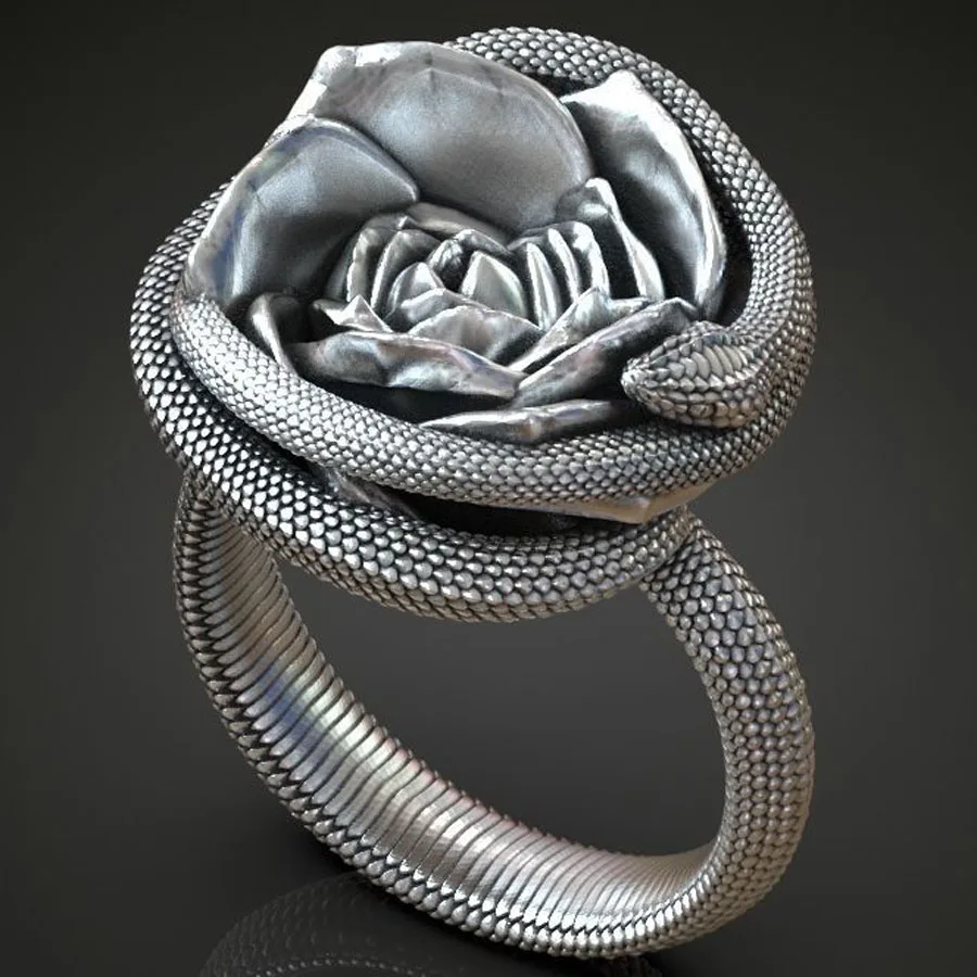 13-16g 3D Rose Flower Snake Serpent Women Wedding Rings Customized 925 Solid Sterling Silver Rings Many Sizes sz6-13