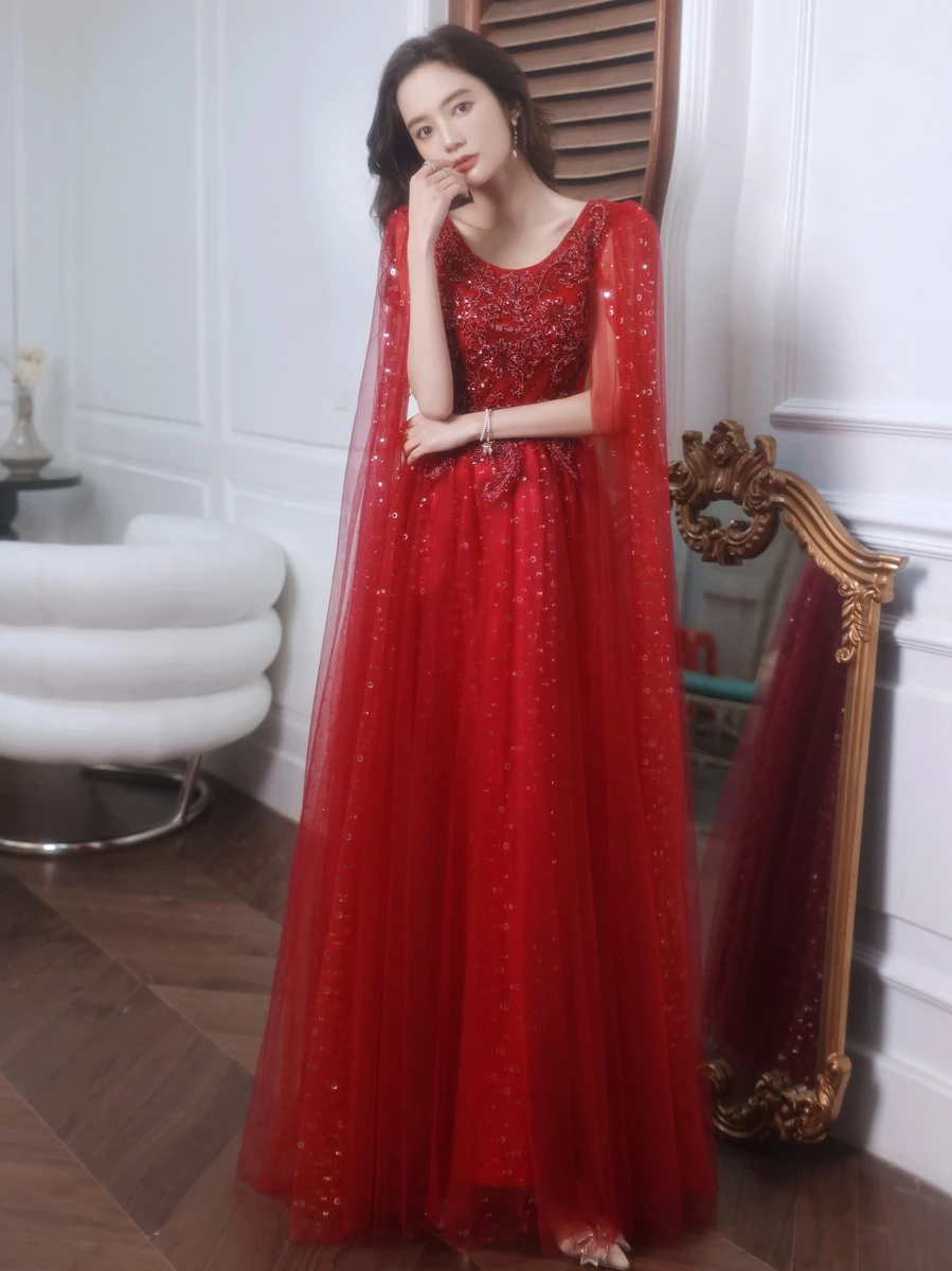 Luxury Wine Red Long Evening Dresses With Appliques Elegant Scoop Neck A-Line Floor-Length Sequined Tulle Prom Gowns 2022