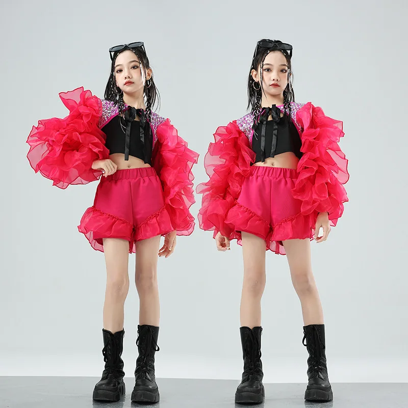 

Children's Pink Dress Runway Show Costume with Bubble Sleeves, Girls' Sequins, Jazz Dance Costume, Girls' Trendy Cool Set