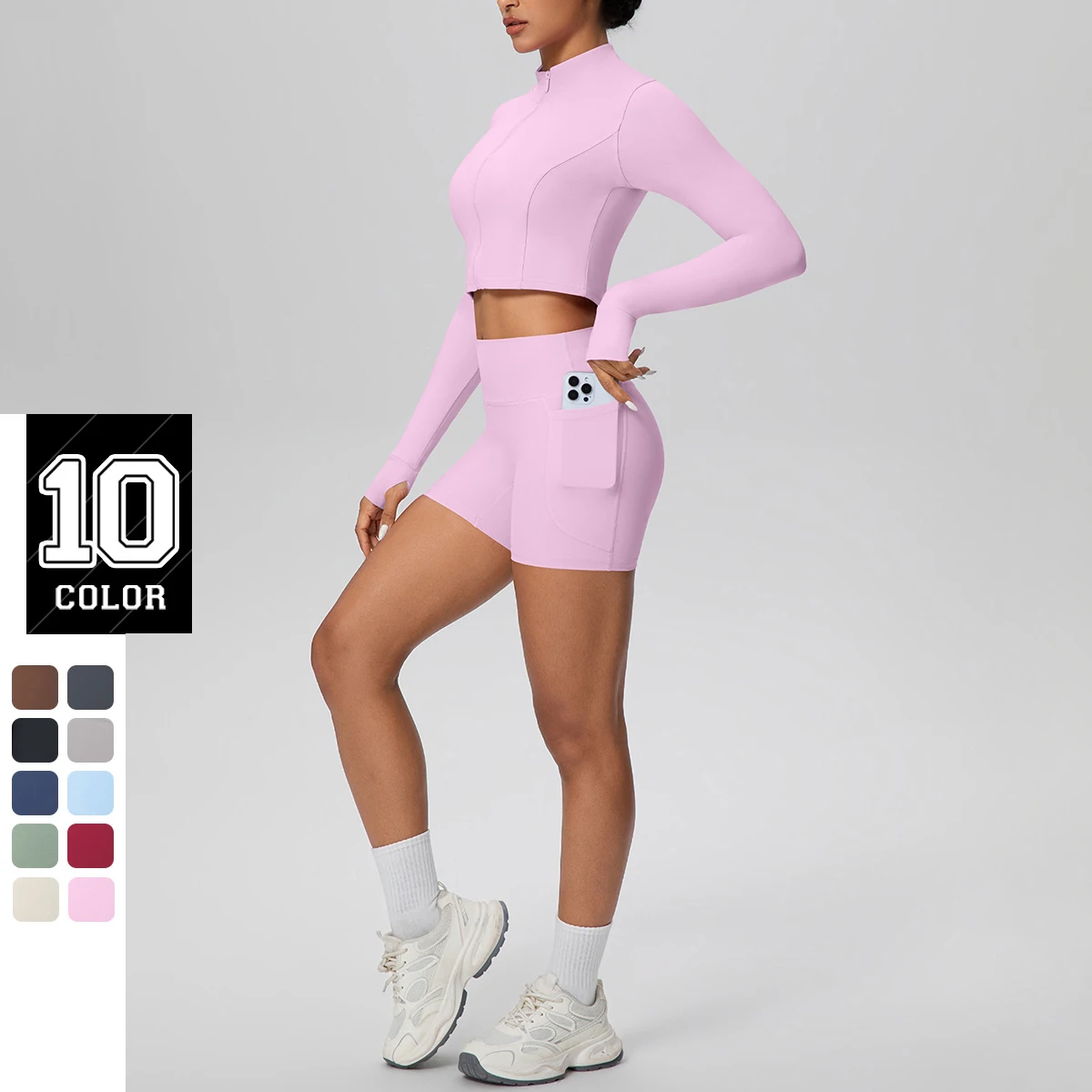 Schnell trocknendes Legging-Yoga-Set für den Außenbereich, Damen-Yoga-Shorts mit Taschen, einfarbige Jacke mit Reißverschluss, Fitness-Training, Sportbekleidung
