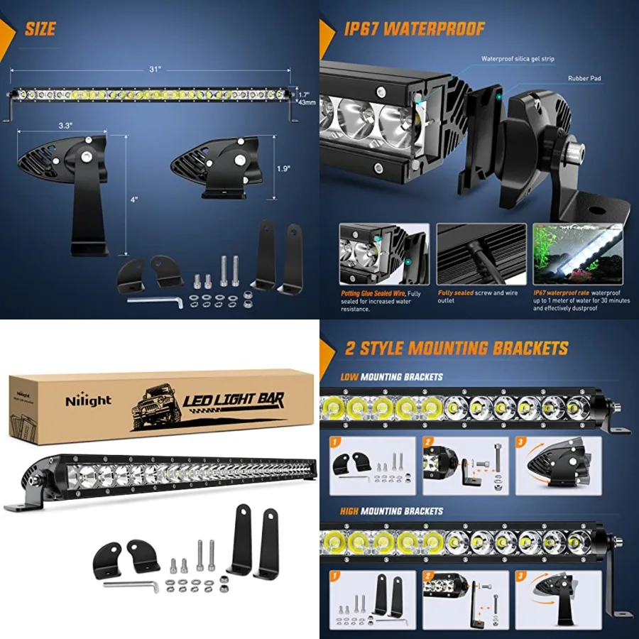 40005C-A 31inch 150W Spot and Flood Combo Single Row 14500LM Off Road LED Fog and Driving Roof Bumper Light Bars for Jeep Ford