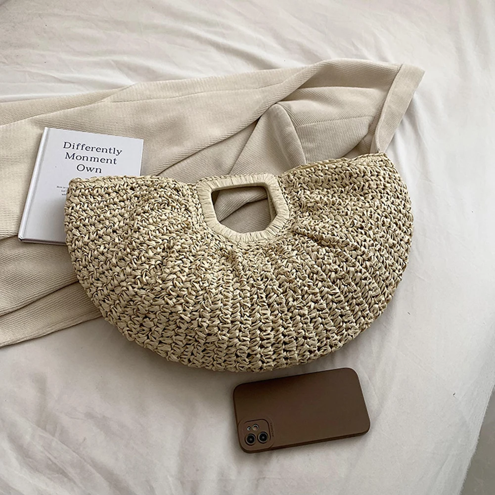

Women Bohemia Moon Handbag Large Capacity Vintage Woven Handbag Solid Color Simple Weaving Wrist Bag Female Daily Bag