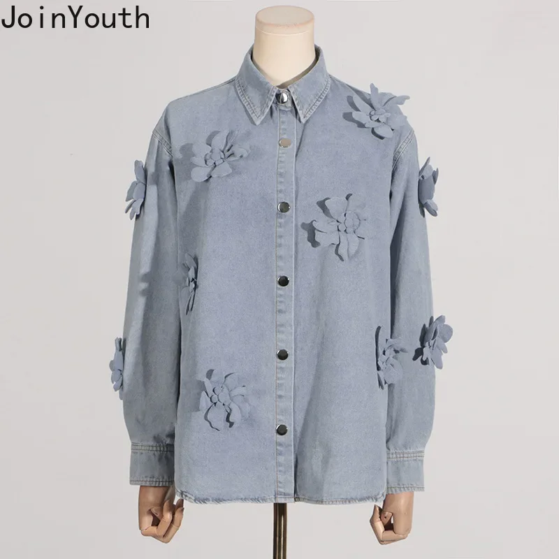 Camisas De Mujer Vintage Denim Blouses Jackets for Women Chic 3D Floral Casual Shirts Y2k Tops Streetwear Fashion Blouse Coat