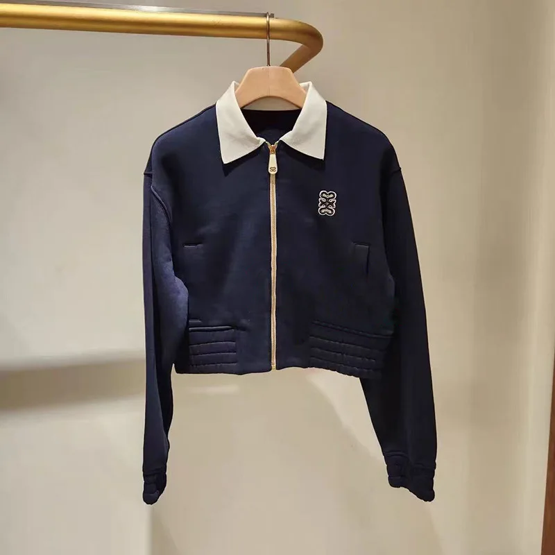 【هدية مجانية】2025 الخريف/الشتاء المرأة فضفاضة كولوربلوك بولو طوق زمم الخصر ضبط سترة قصيرة البلوز