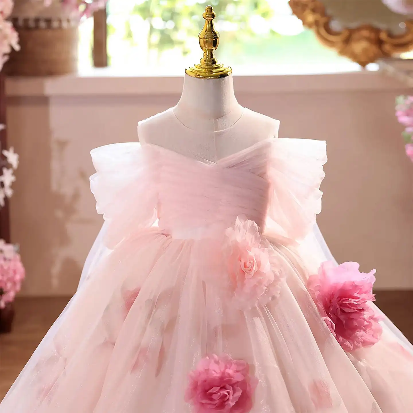 Pink Off Shoulder Flower Girl Dress with 3D Floral Print Tulle Princess Ball Gown Floor Length for Wedding Birthday Party Dress