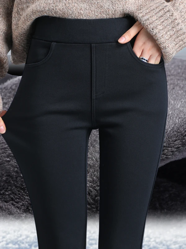 Women's Fleece Lined Elastic Waist Slim Fit Long Pants Casual Wear Black Pants Stretchy Bottoms Autumn Winter plus Size
