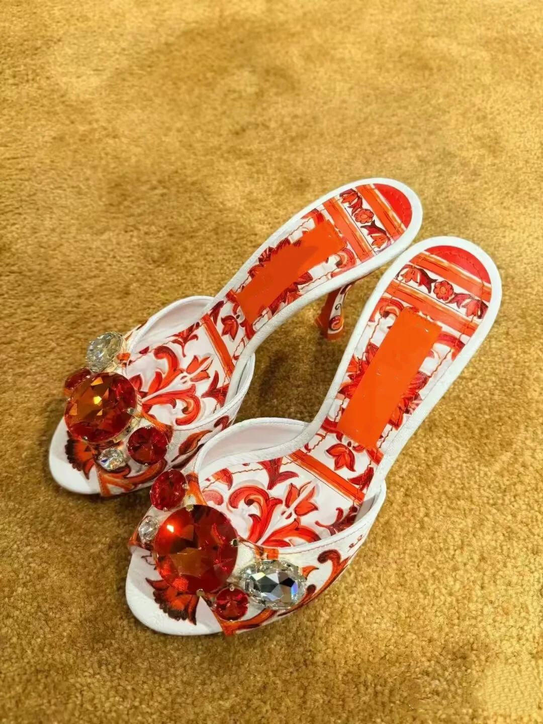 

Bohemia Style Crystal Round Toe Outdoor Summer Women Slippers Stiletto High Heels Pull On Design Large Size Fashion Party Shoes