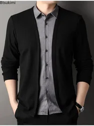 2026 Spring New Men's Lapel Long Sleeve Shirt Fashion High Street Fake Two Piece Shirt Sweater Cardigan Man Business Casual Tops