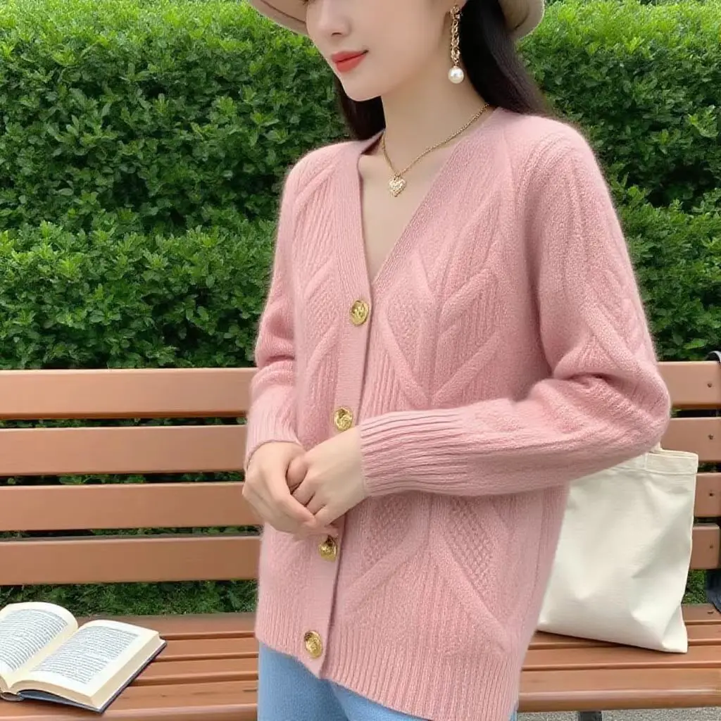 

100% Merino Wool V-Neck Knitted Fashionable Temperament Solid Color Cardigan Cashmere Long Sleeves Soft Warm Clothing Top