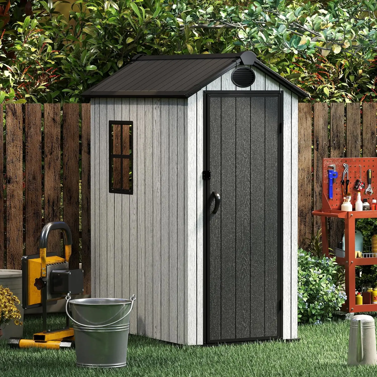 3x5 FT Outdoor Resin Storage Shed Lockable Door Sloping Roof Plastic Floor Garden Backyard Patio, Customized