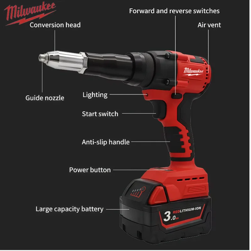New Milwaukee 4.8MM Cordless Electric Riveter Gun Brushless Rivet Riveting Tool With LED Light For  18V Battery