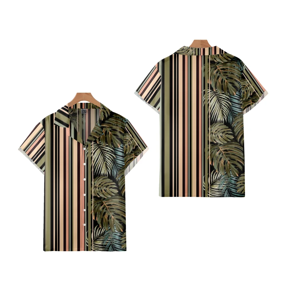 

Hawaii Shirts for Men Tropical Patchwork Stripes Summer Short Sleeve Oversize Tops Vaction Casual Men's Clothing