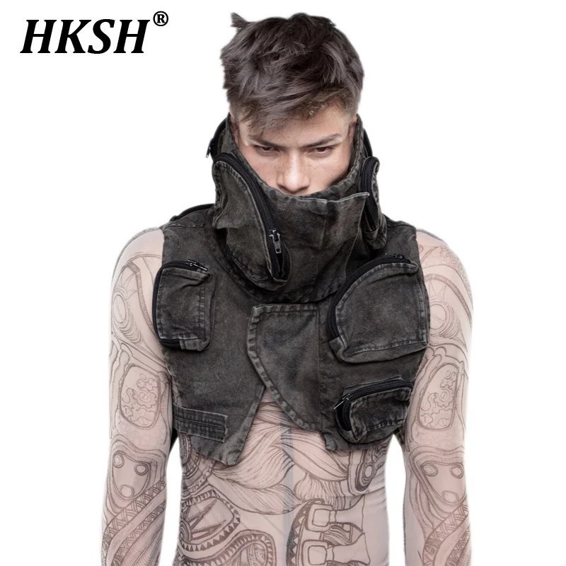 HKSH Spring Summer New Men's Tide Punk Waistcoat Waste Soil Style Vintage Asymmetrical 3D Pocket Layer Chic Darkwear Vest HK2323