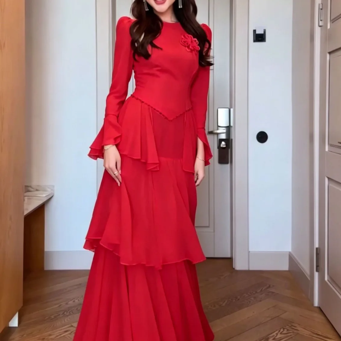 Langes Kleid für Damen, gestuft, A-Linie, Rundhals, ausgestellte Ärmel, elegant, zum Schnüren, Party, Nacht, Y2K Streetwear, plissiert, 2026