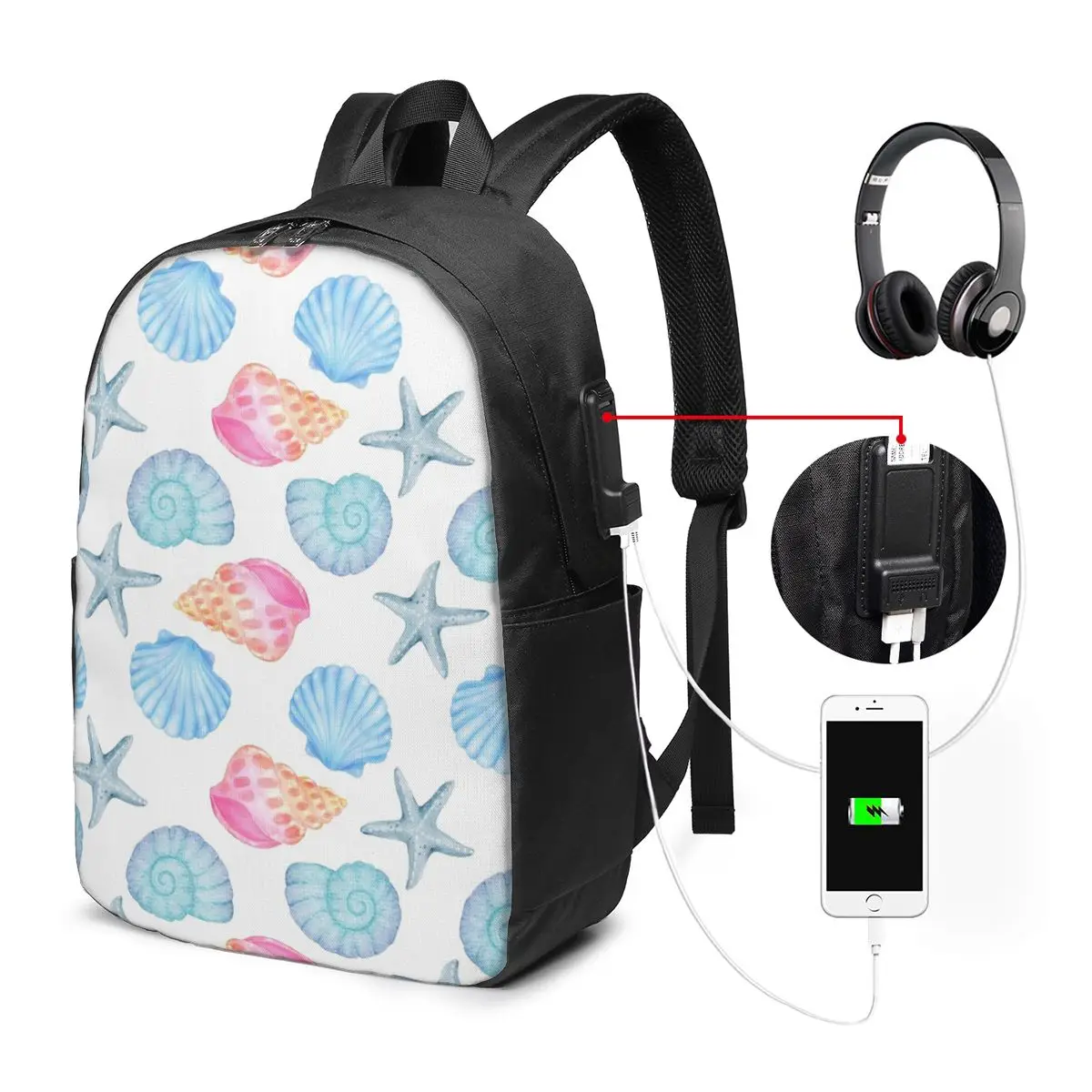 Colorful Watercolor Art Sea Shell Backpack Travel Notebook Bag Computer College Student School Bag Laptop Shoulder Bags
