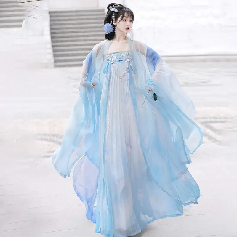 Gonna pettorale femminile della dinastia Hanfu cinese Tang, camicia a maniche grandi con ricamo pesante, set Hanfu fresco da fata cosplay