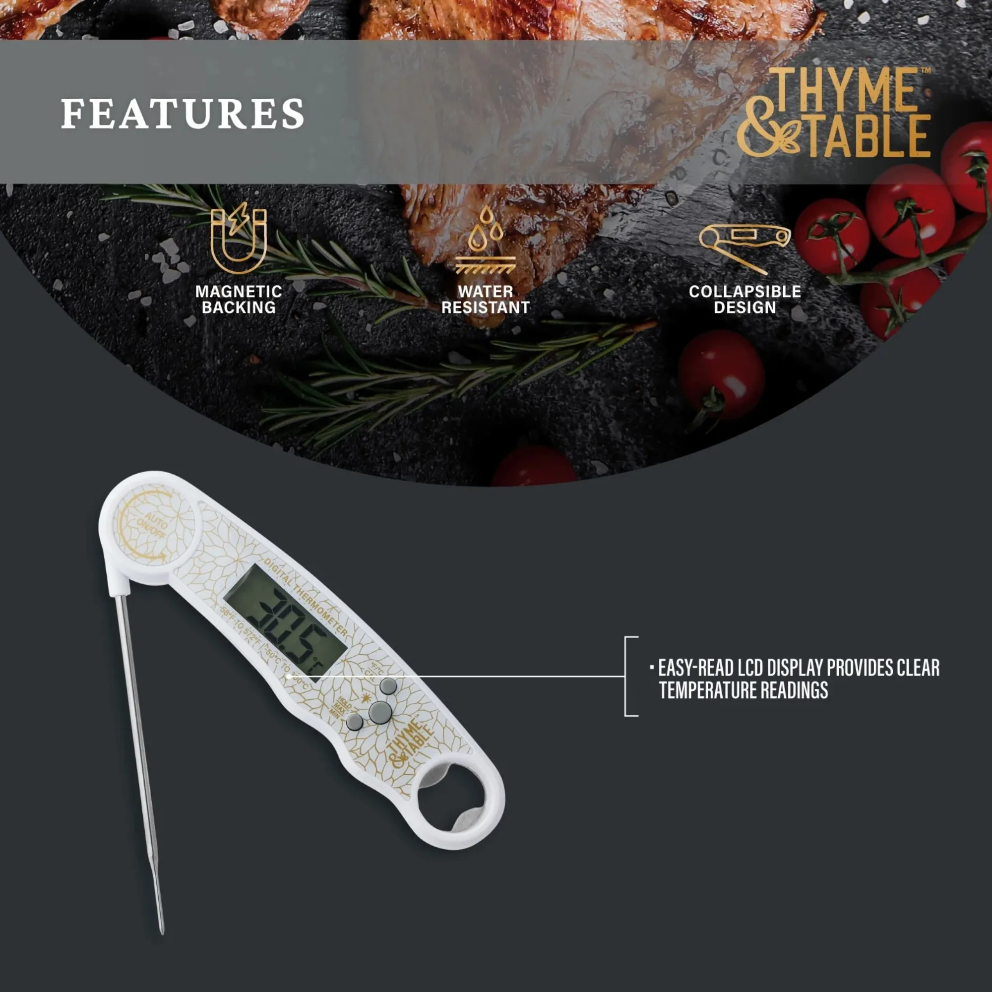 ميزان حرارة اللحوم الرقمي القابل للطي مع مسبار من الفولاذ المقاوم للصدأ، مقاوم للماء