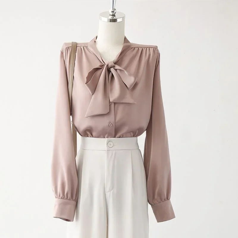 

Shirts Women Sweet Bow Collar Temper Simple Solid Aesthetic Office Ladies Inside Lovely Blusas All-match Ins Stylish New Arrival