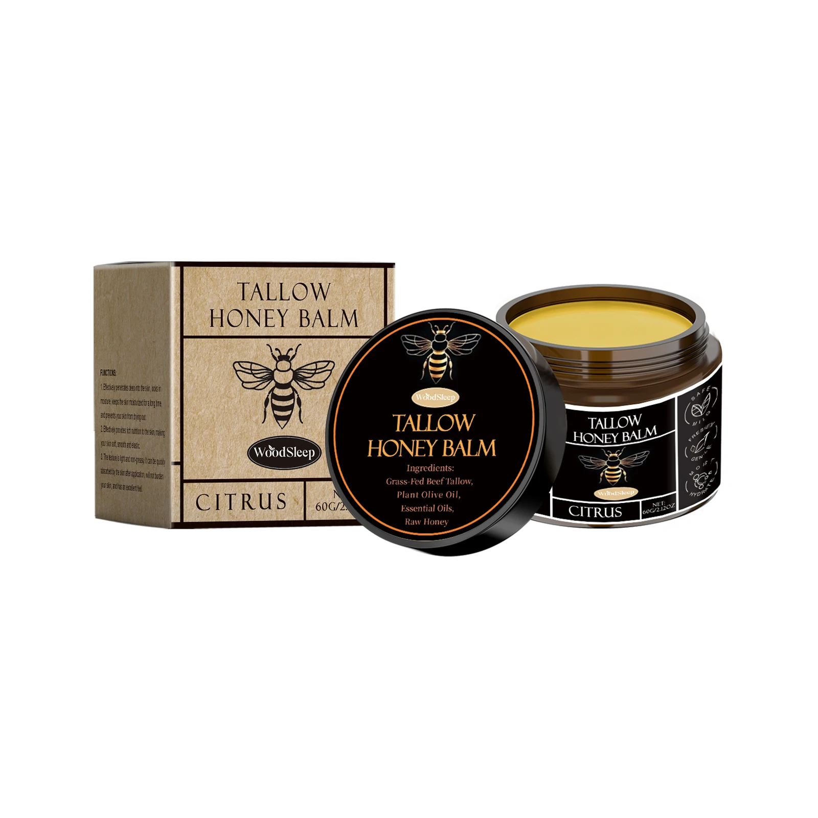 Grass Fed Beef Tallow Balm Soft Smooth Skin Remove Wrinkle Brighten Improve Elasticity Dullness Firming Honey Moisturizing Cream