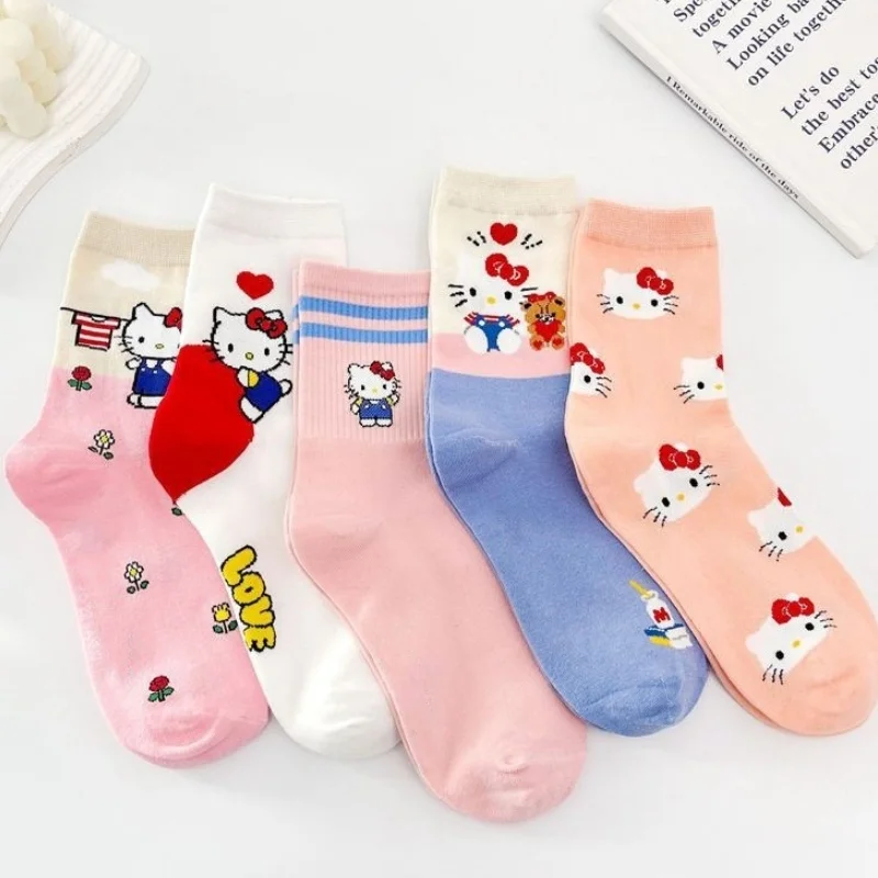 

3 пары носков «Hello Kitty», женские чулки, розовые кавайные носки средней длины для девочек, женские носки с героями мультфильмов Sanrio