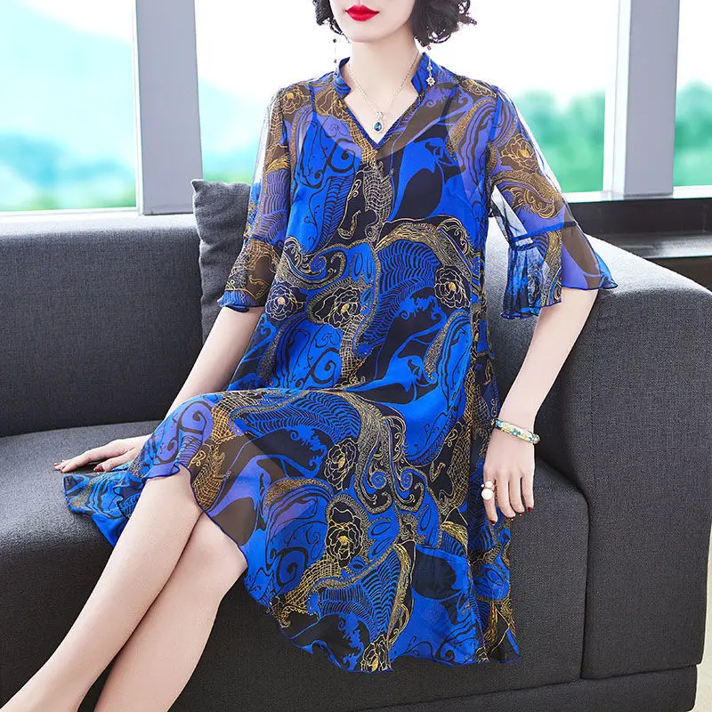 V-Neck Flare Sleeve Ladies Printing Dress 2023 Summer Women\'s Clothing New Casual Commute Fashion Chiffon Loose Waist Dresses