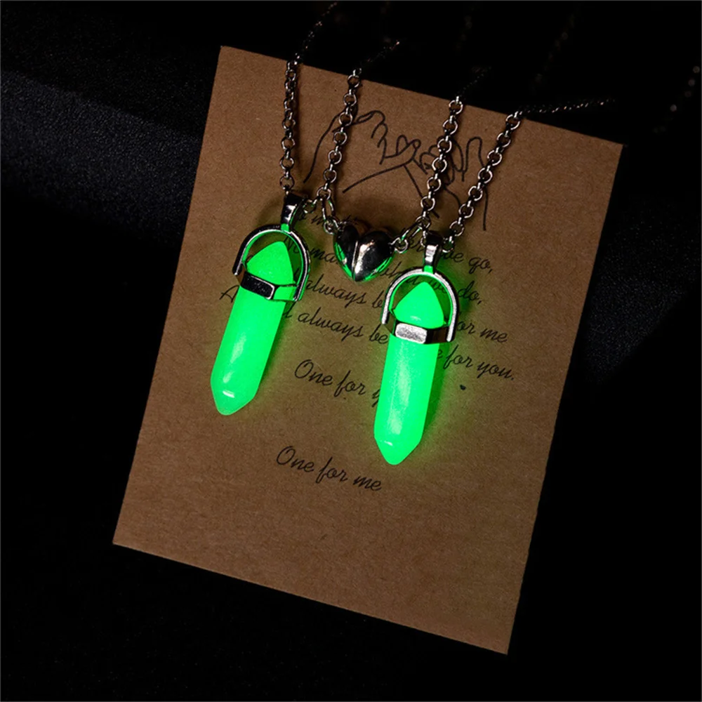 2PCS Luminous Hexagonal Column Couple Magnetic Necklace for Women Romantic Natural Stone Geometric Pendant Necklace Jewelry Gift