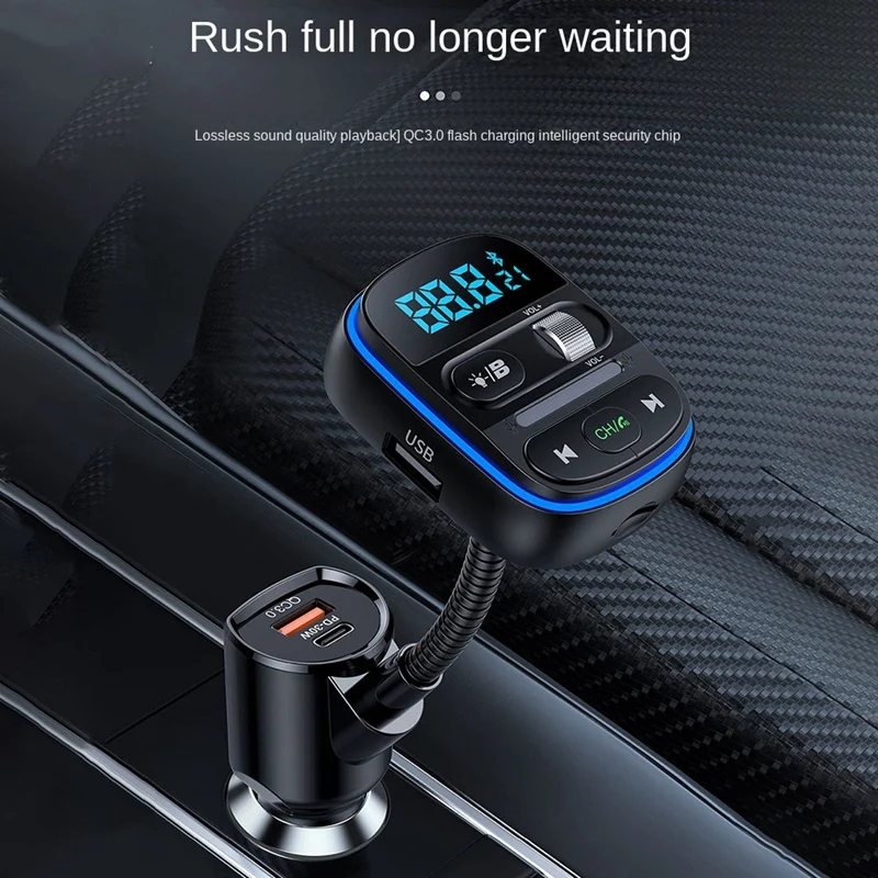 Spare Parts Bluetooth FM Transmitter For Car, Stronger Hifi Bass Microphone, PD 30W+QC 3.0 Adapter With 7 Colors LED