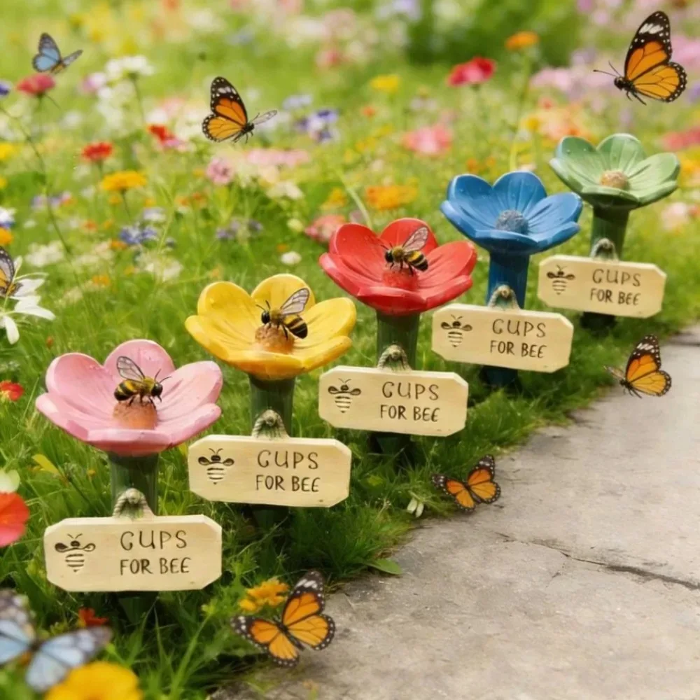 Decorative Flower Bee Watering Cup Durable Resin Pollinator Feeder for Garden Patio Wildlife Friendly Outdoor Decor Accessories