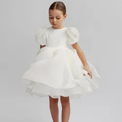 Flower Girls White Dresses for Wedding Backless Elegant Kids Birthday Party Gala Dress Puff Sleeve Children Communion Costume