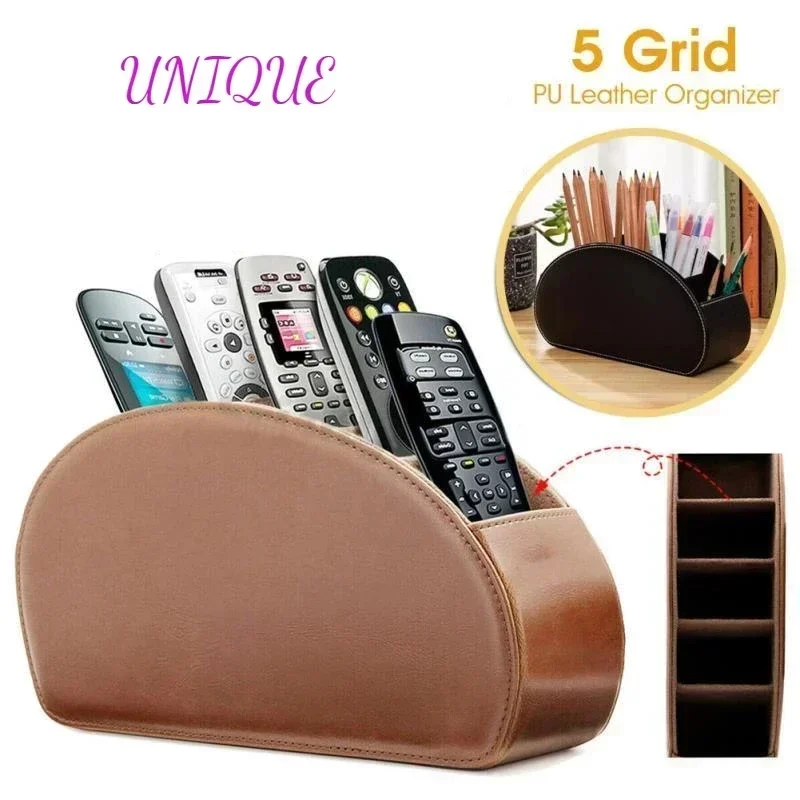 Organizador de cuero Pu de lujo con 5 rejillas, soporte para teléfono y TV con Control remoto, caja de almacenamiento de escritorio, cosméticos,