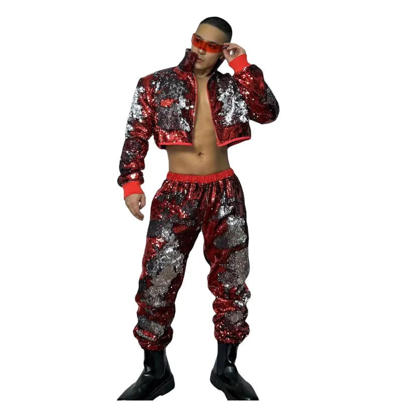 Red Silver Flipping Sequins Short Jacket Pants Hip Hop Jazz Dance Costume Male Singer Dancer Team Bar Nightclub Stage Outfit