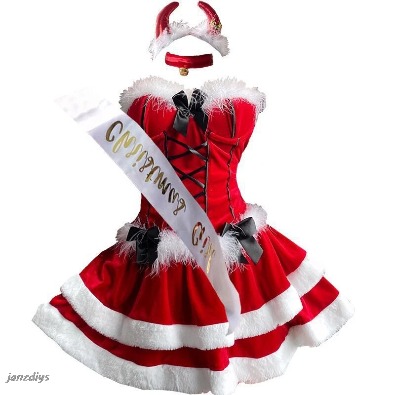 Christmas Sexy Plush Bunny Cute Uniform Cosplay Costume Velvet New Year Red Dress Nightdress Role Play Outfits Underwear Girl