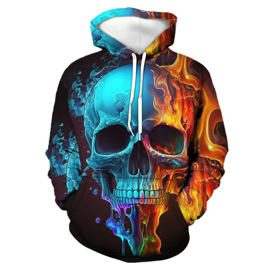 AW621 2024 Spring New Men's Personalized Skull Head Water Fire Double Combination 3D Digital Printed Hoodie