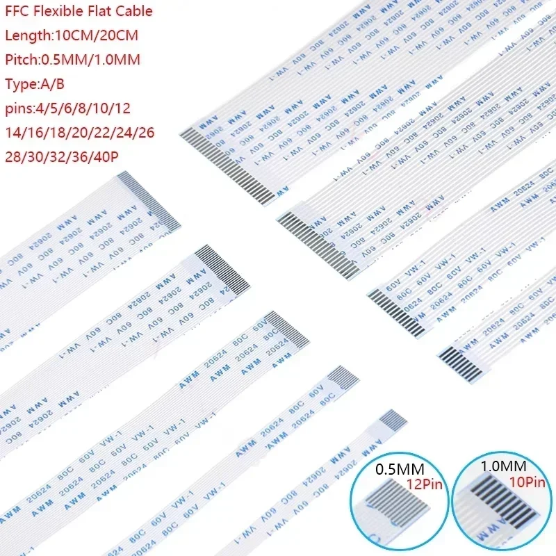 10PCS FFC FPC AWM Flat Flexible Cable  20624 80C 60V VW-1 FFC-0.5MM 1.0MM 4/5/6/8/10/12/14/16/18/20/24/26/30/32 Pin