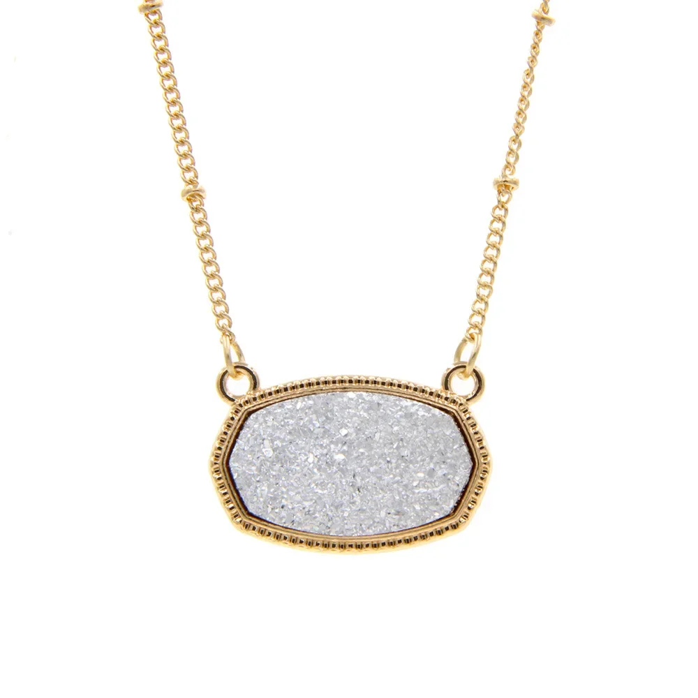 Resin Oval Druzy Pendant Necklace Gold Color Chain Drusy Hexagon Style Necklaces Luxury Designer Brand Fashion Jewelry for Women