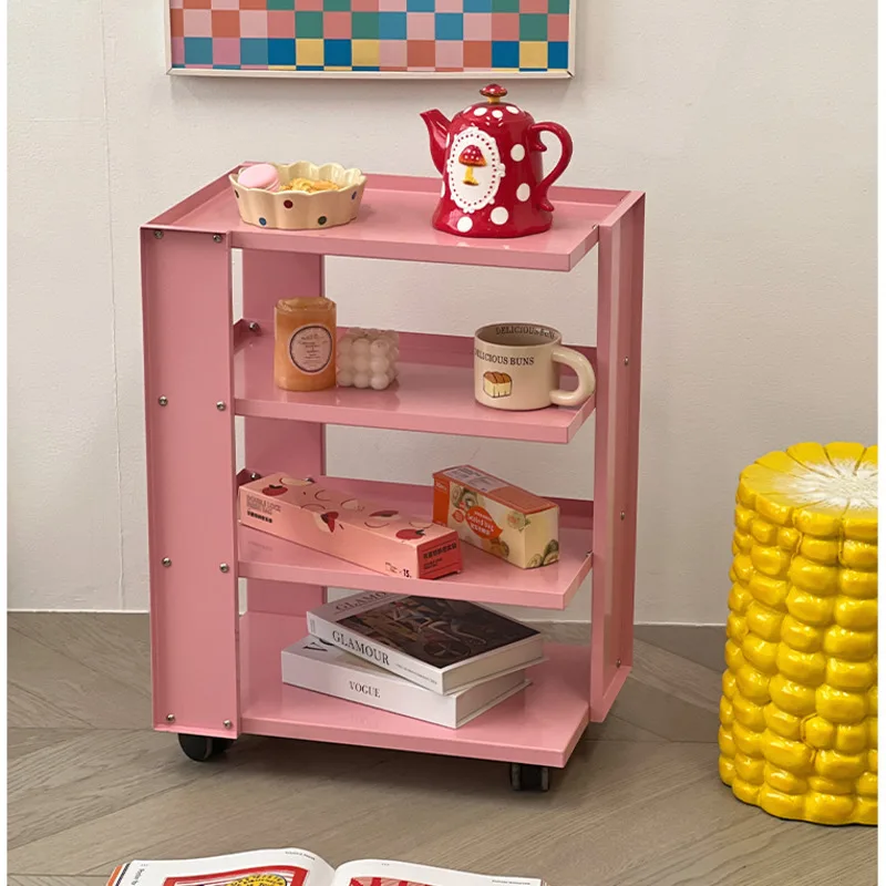 Ins Pink Multifunctional Side Cabinet, Living Room Mobile Storage Rack, Sweet Table, Versatile Scene, Room Desk