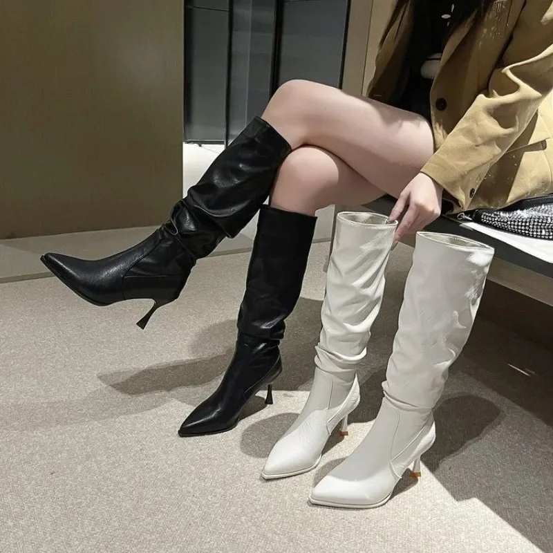 2025 Winter Vrouwen Hoge Laarzen Mode Puntschoen Naaldhak Lange Laarzen Dames Elegante Knie Hoge Laarzen Schoenen Botas De Mujer