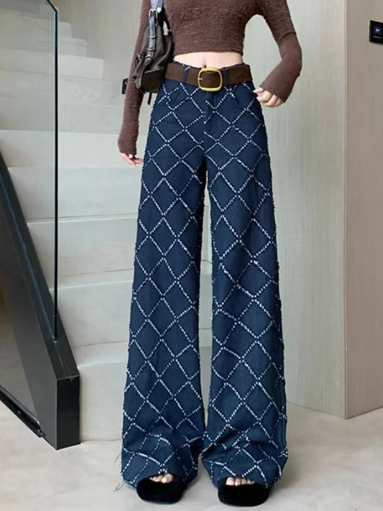 

2025 New Vintage Street Jacquard Jeans Women's Fall/Winter Fashion High Waist Wide Leg Pants Casual All-Match Straight Trousers