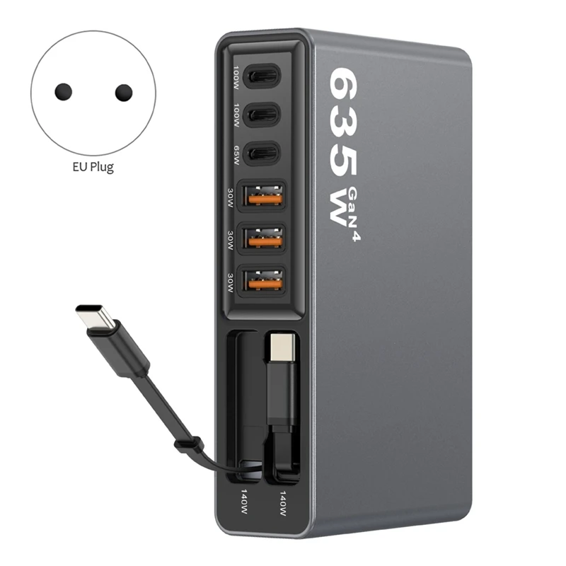 Super Sale 635W 8-in-1 Charging Station,140W Retractable USB C Cable GaN Fast Charger for MacBook Pro IPhones Samsungs EU Plug