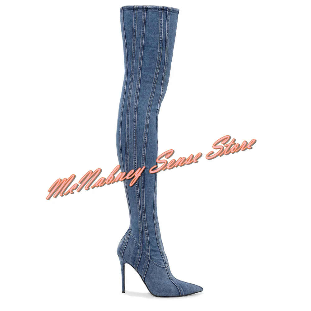 Denim Straps Pointy Toe Boots Thin High Heels Solid Fitted Over The Knee Side Zipper Boots Autumn Party Sexy Style Women Shoes